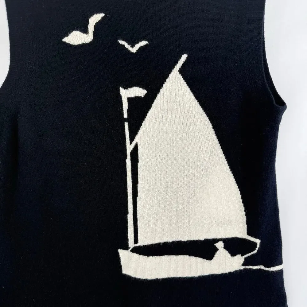 J.Crew Cashmere Sweater Vest Womens M Navy Blue Sailboat Intarsia Coastal 2007